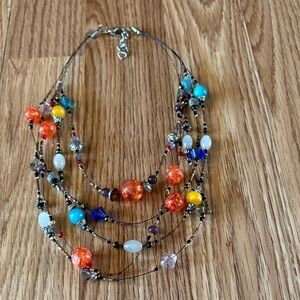VINTAGE MULTICOLORED MULTIISTRAND GLASS AND CRYSTAL BEADED 17-18" NECKLACE